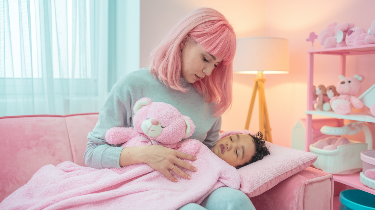 A photo of a mommy with pink hair taking care of her child. The mommy is sitting on a pink sofa and holding a pink teddy bear to her child. The child is wrapped in a pink blanket and is sleeping. The background is a pink room with a window, a lamp, and a shelf with pink toys. Less 