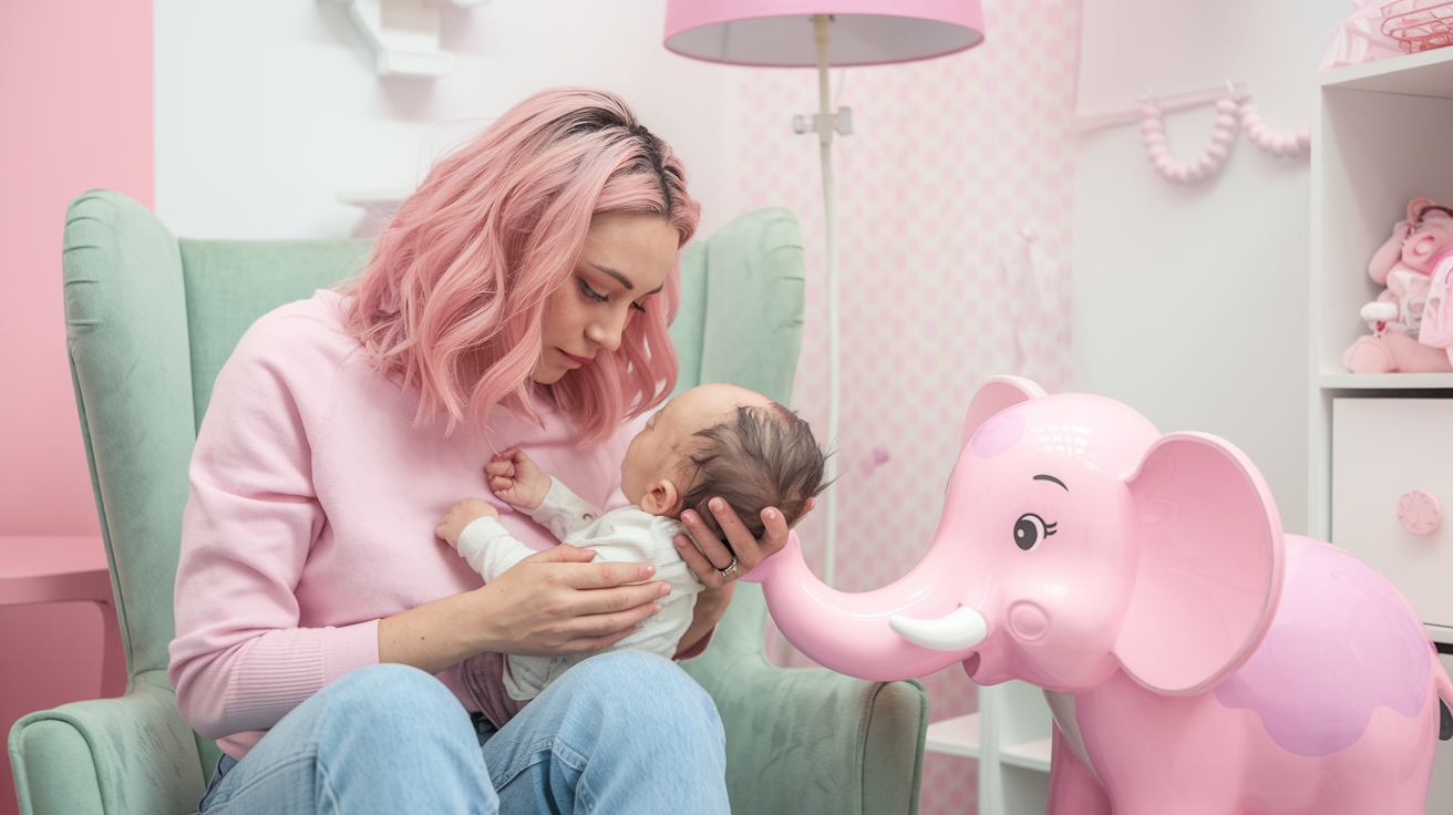 A photo of a mommy with pink hair taking care of her baby. The room is decorated in pink and white. There is a pink elephant in the room. The mommy is holding the baby in a green chair. The background contains a pink lamp, a white shelf, and a pink and white patterned wall.