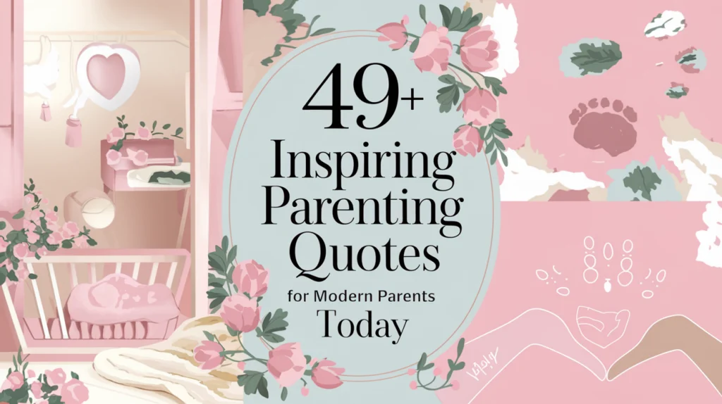 A hyper-realistic banner image for a blog titled '49+ Inspiring Parenting Quotes for Modern Parents Today.' Design a soft, welcoming scene using various shades of pink, including blush and pastel pink, to create a gentle, soothing atmosphere. Display the title in elegant, modern typography with subtle floral or nature-inspired accents around the text. The image should convey warmth, inspiration, and encouragement for parents, with a refined and polished look. Ensure the banner has a 1792x1024 landscape format, suitable for web display.