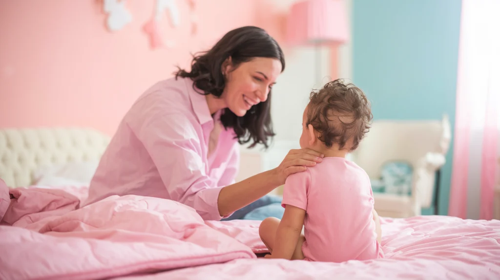 A photo of a mother sitting on a pink bed, talking to her little boy. The mother is wearing a pink shirt and the little boy is wearing a pink onesie. The room has pink walls and a pink comforter on the bed. The mother is smiling and has her hand on the little boy's shoulder. The background is blurred and contains a pink lamp, a white chair, and a pink curtain.