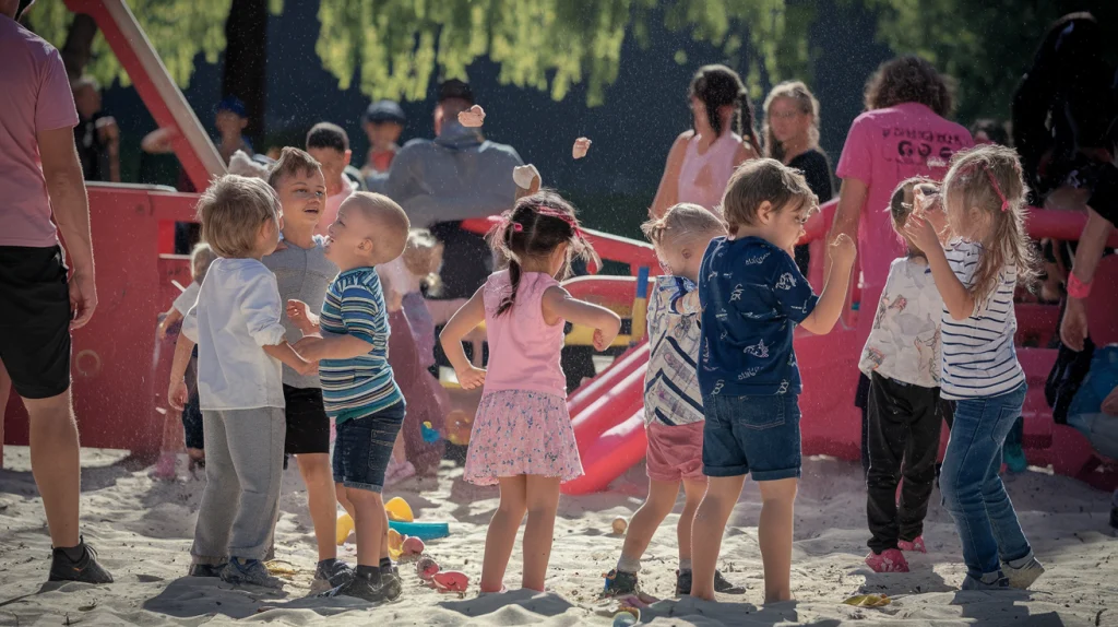 A photo of a chaotic playground scene with a group of children exhibiting disrespectful behavior. Some children are ignoring adult supervision, while others are arguing or making faces. There are scattered toys and sand flying around. The scene is set in a pink-toned environment. The background contains trees, and sunlight filters through the leaves, emphasizing the sense of disorder.