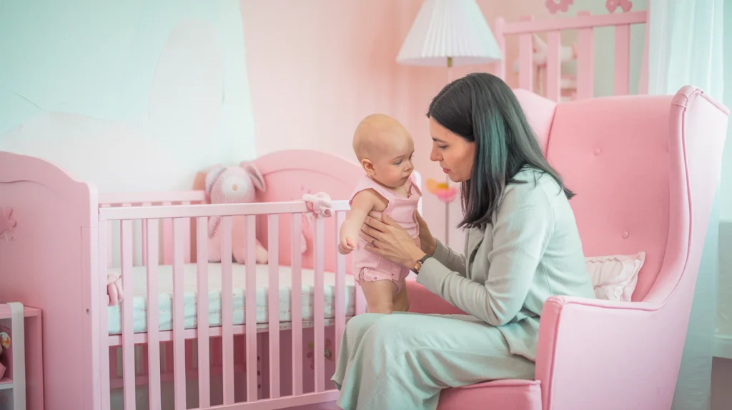 A photo of a mommy taking care of her child. The setting is a pink room with a pink chair and a pink crib. The mommy is sitting on the pink chair and holding her baby. The baby is dressed in a pink outfit. The room has a few pink toys and a white lampshade.