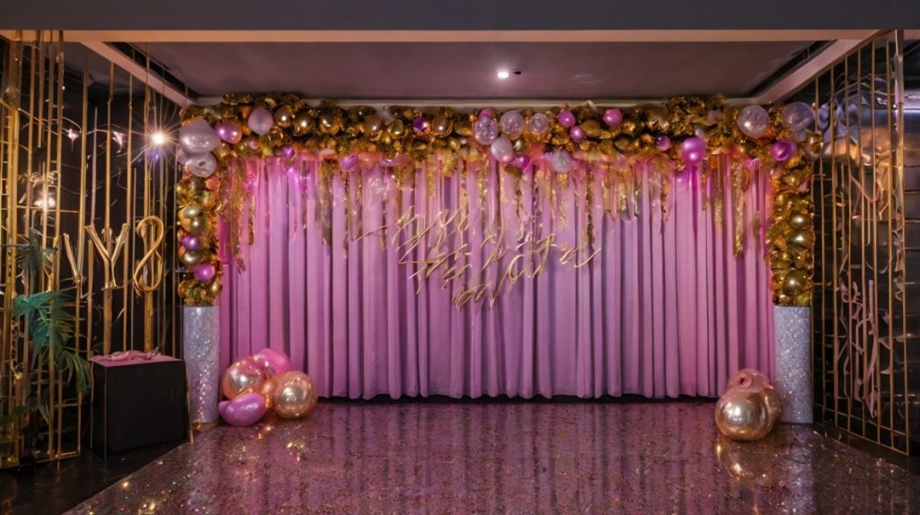 glitter and neon backdrop decor