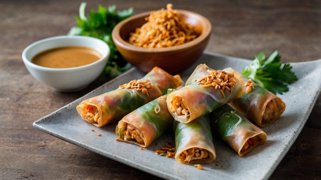 Crunchy Rainbow Spring Rolls with Peanut Sauce