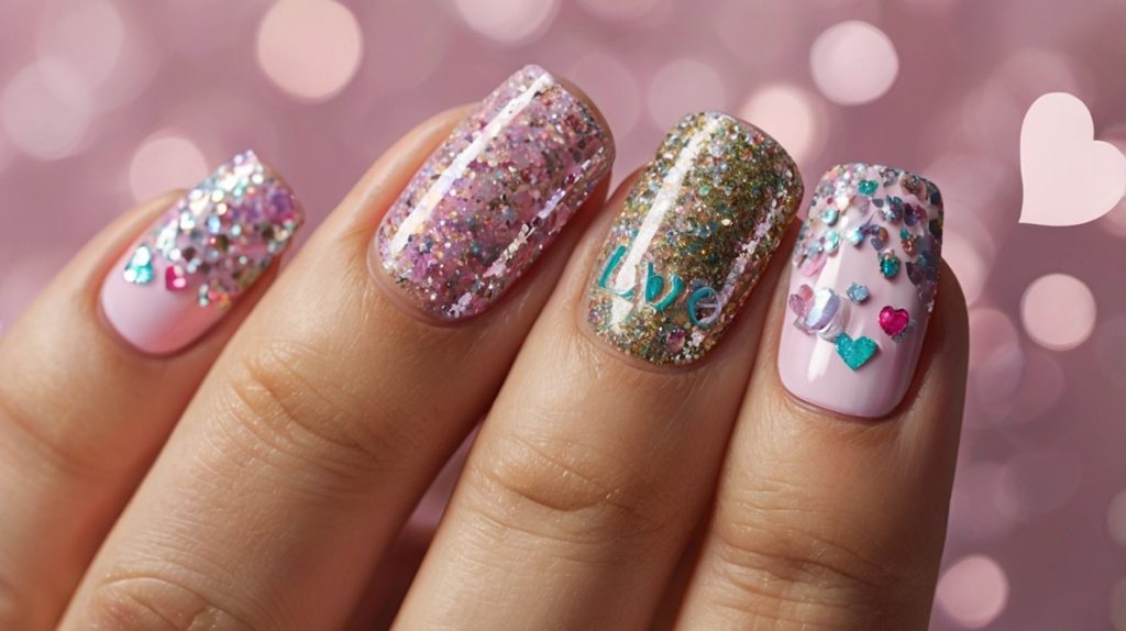 Glittery Love-Themed Nails