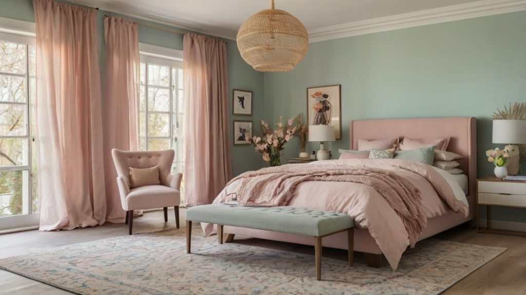 A bedroom decorated in soft pastel tones, with pastel-colored walls, bedding, throw pillows, and a light and airy atmosphere, perfect for spring.