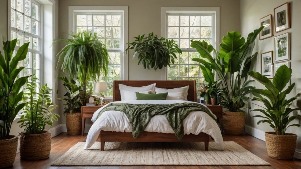 A cozy bedroom featuring lush indoor plants such as ferns, snake plants, and ivy, placed around the room for a natural, fresh look with soft lighting."