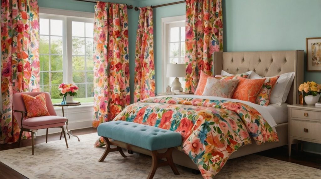 A spring-inspired bedroom with vibrant floral decor, including floral throw pillows, fresh flowers in vases, and floral curtains, creating a bright and cheerful atmosphere.