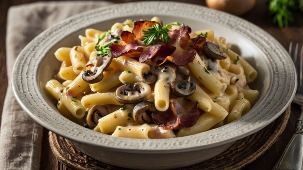 Bacon and Mushroom Alfredo Macaroni