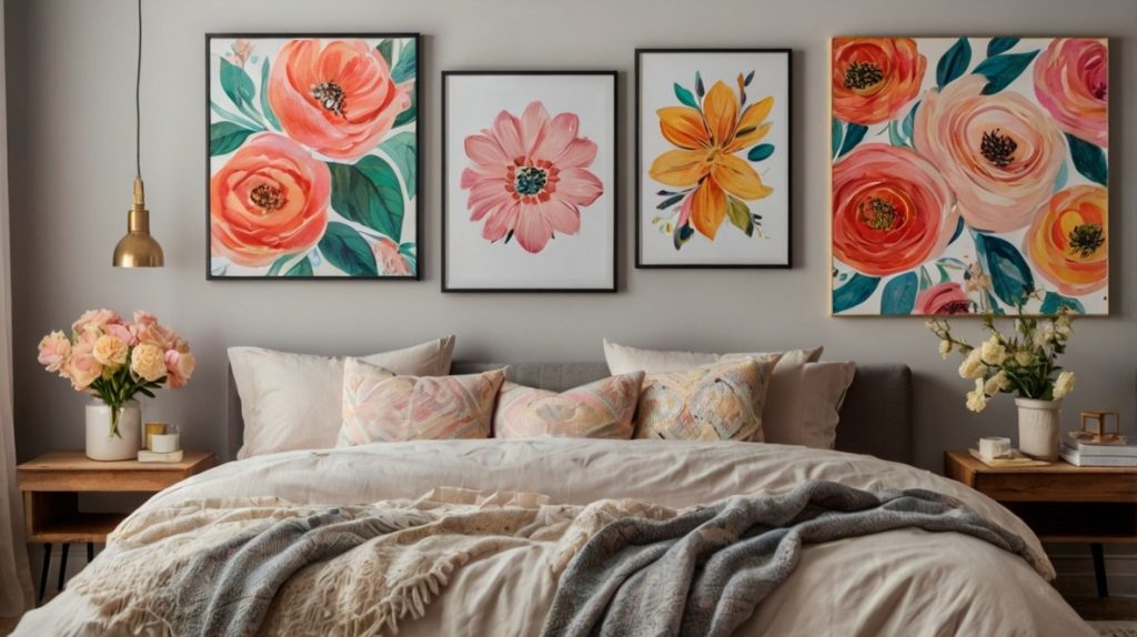 Prompt: "A bedroom wall adorned with spring-themed wall art, including floral prints, motivational quotes, and colorful paintings, giving the room a vibrant, fresh spring vibe."