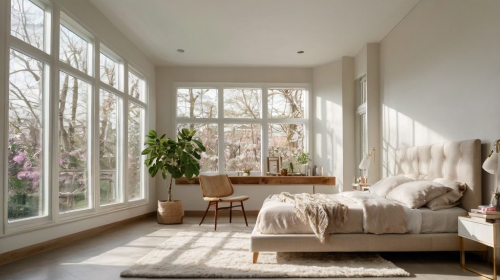 Prompt: "A bright and airy bedroom with large windows allowing natural sunlight to pour in, highlighting white and light-colored decor, and creating a fresh, warm spring feel."