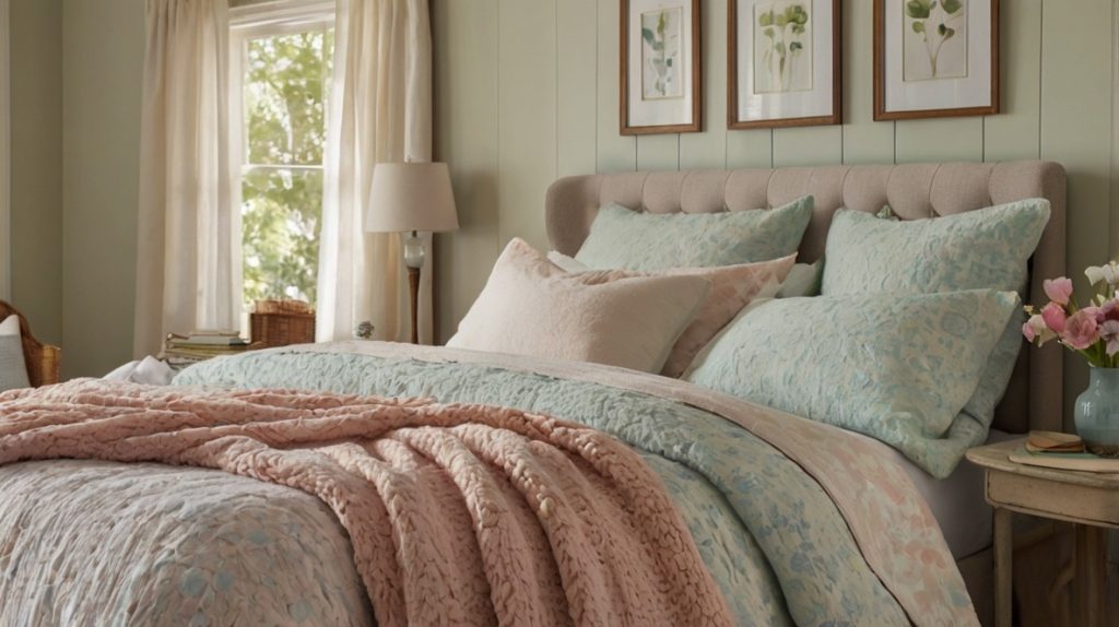 Prompt: "A cozy bedroom with soft, spring-themed fabrics such as cotton sheets, pastel blankets, and plush throw pillows, perfect for a comfy spring retreat."