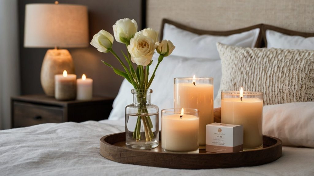 Prompt: "A serene bedroom with scented candles, essential oil diffusers, and fresh flowers on the nightstand, creating a calming and cozy atmosphere filled with spring scents."