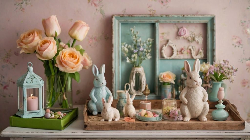 Prompt: "A spring-themed bedroom with cute accessories like decorative trays, colorful candles, small vases, and whimsical touches such as bunny figurines or bird decor."