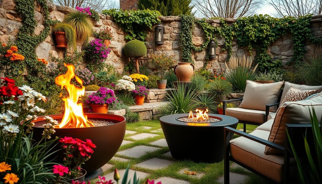 fire pit in a spring garden decor