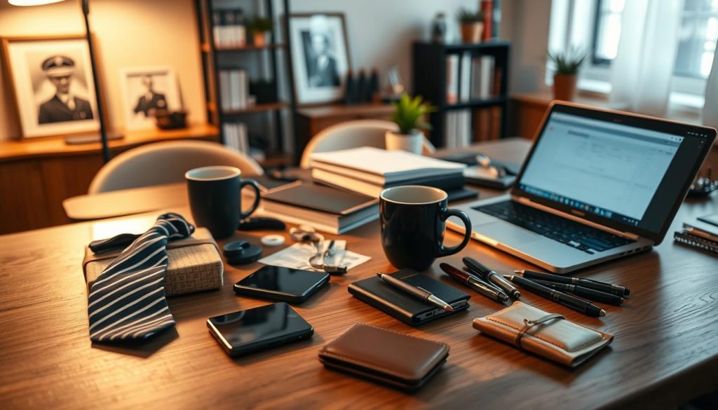 A cozy home workspace with a cluttered tabletop, a laptop, and a variety of last-minute Father's Day gift ideas scattered around. Soft, warm lighting illuminates the scene, casting a gentle glow. In the foreground, a thoughtfully wrapped package, a tie, and a pair of artisanal coffee mugs catch the eye. In the middle ground, a smartphone, a sleek leather wallet, and a set of high-quality pens stand out. The background features a framed photograph, a small potted plant, and a bookshelf, hinting at the recipient's personal interests. The overall atmosphere conveys a sense of thoughtfulness and a last-minute attempt to find the perfect gift that truly captures the essence of the father figure.