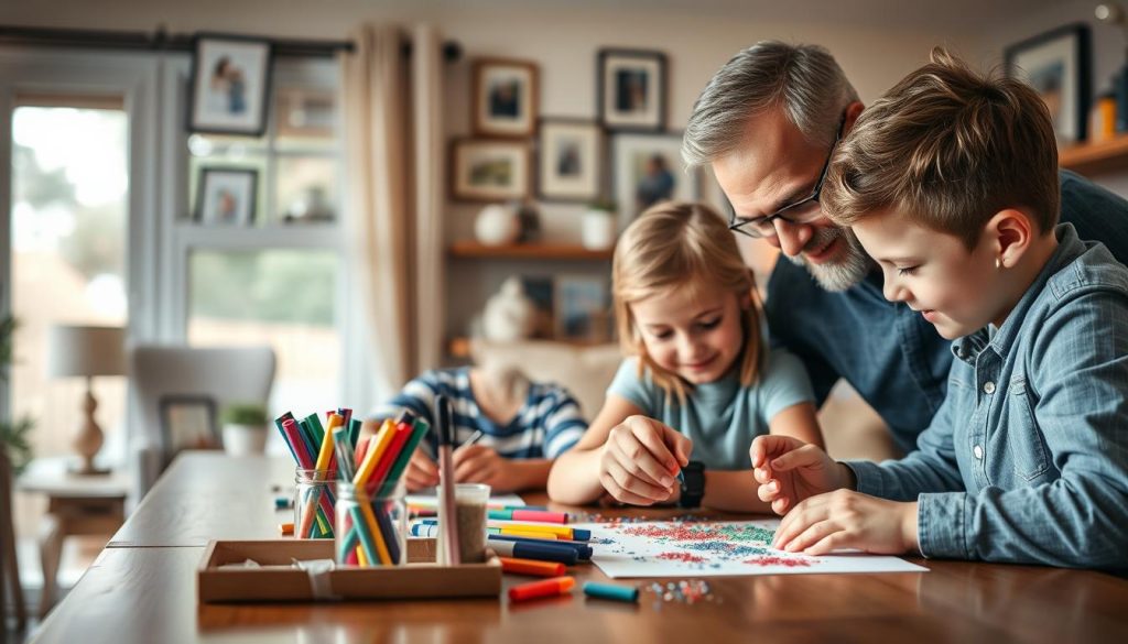 A heartwarming scene of a father and his children crafting a sentimental Father's Day gift together. In the foreground, a young boy and girl sit at a wooden table, their faces filled with concentration as they diligently work on an art project using colorful markers, glitter, and construction paper. The father, a warm and loving presence, leans in closely, guiding their hands with a gentle smile. The middle ground showcases a cozy, well-lit home interior, with framed family photos and personal mementos adorning the walls, creating a sense of comfort and togetherness. The background features a softly blurred outdoor view, hinting at the joyful memories and future adventures that await this close-knit family. Soft, natural lighting bathes the scene, evoking a heartfelt, tender mood.