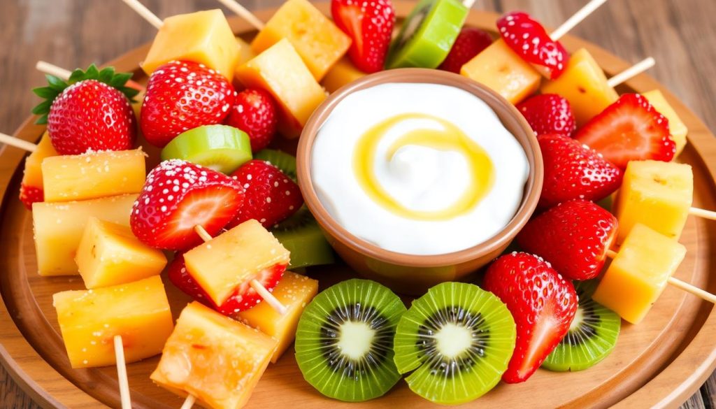 Fresh Fruit Skewers with Honey Yogurt Dip