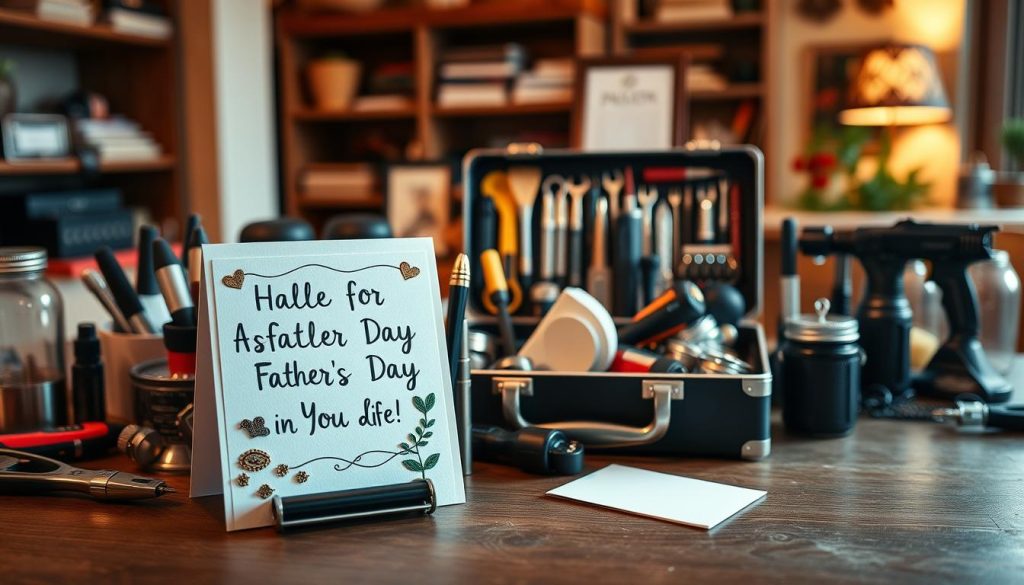A neatly arranged tablescape featuring an array of personalized Father's Day gift ideas. In the foreground, a handcrafted card with a heartfelt message takes center stage, surrounded by a collection of tools, gadgets, and sentimental trinkets. In the middle ground, a toolbox or tool organizer showcases a variety of DIY project supplies, hinting at the potential for homemade crafts. The background features a warm, softly lit environment, perhaps a cozy study or workshop, conveying a sense of thoughtfulness and care. The overall mood is one of celebration, creativity, and appreciation for the special father figure in one's life.