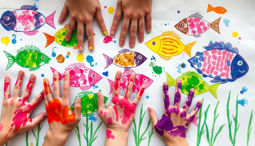 a painting of fish made by stamping hands of kids in the paper