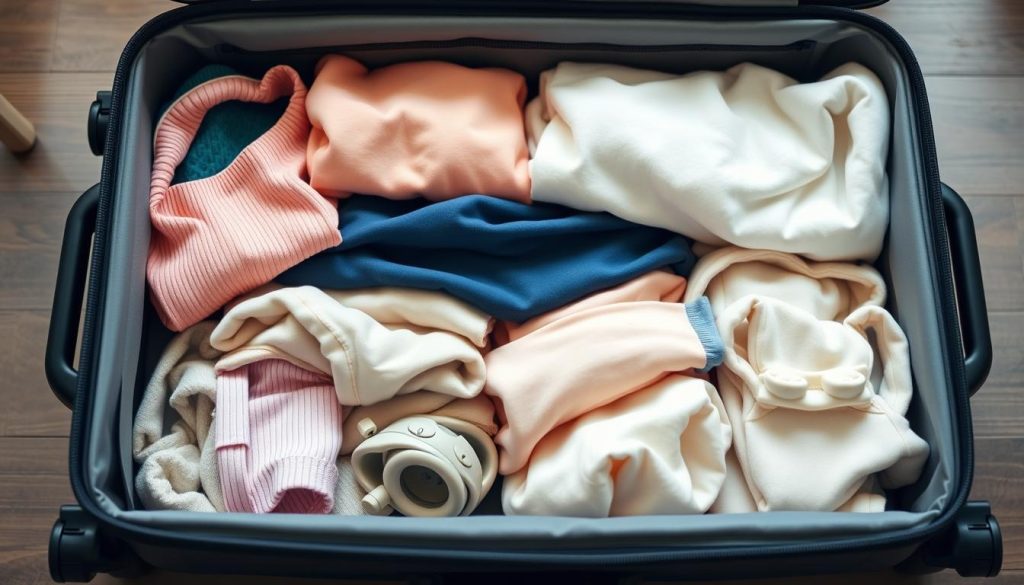 an opened baggage of prepared clothes and toddler stuffs.