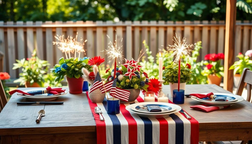 festive table setting with red white and blue decor