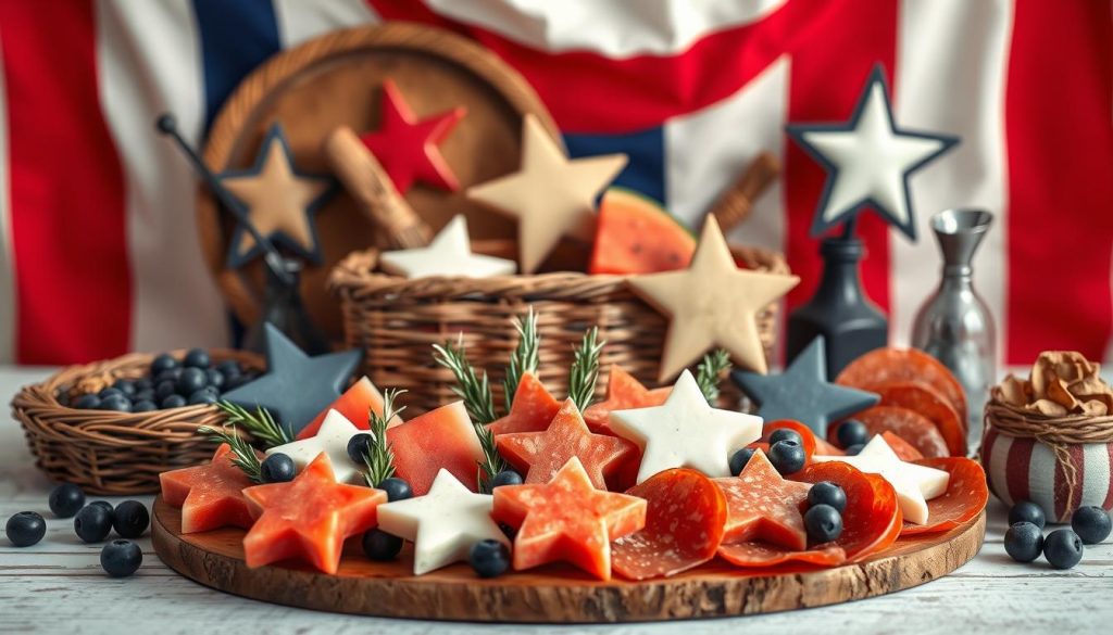 patriotic charcuterie board with star-shaped foods