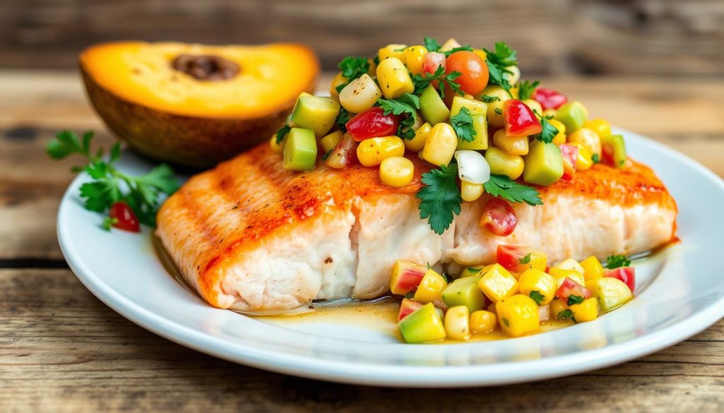 Baked Salmon with Corn and Avocado Salsa