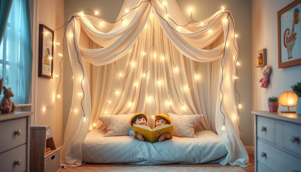 Bright Canopy Reading Nook with Fairy Lights kids bedroom