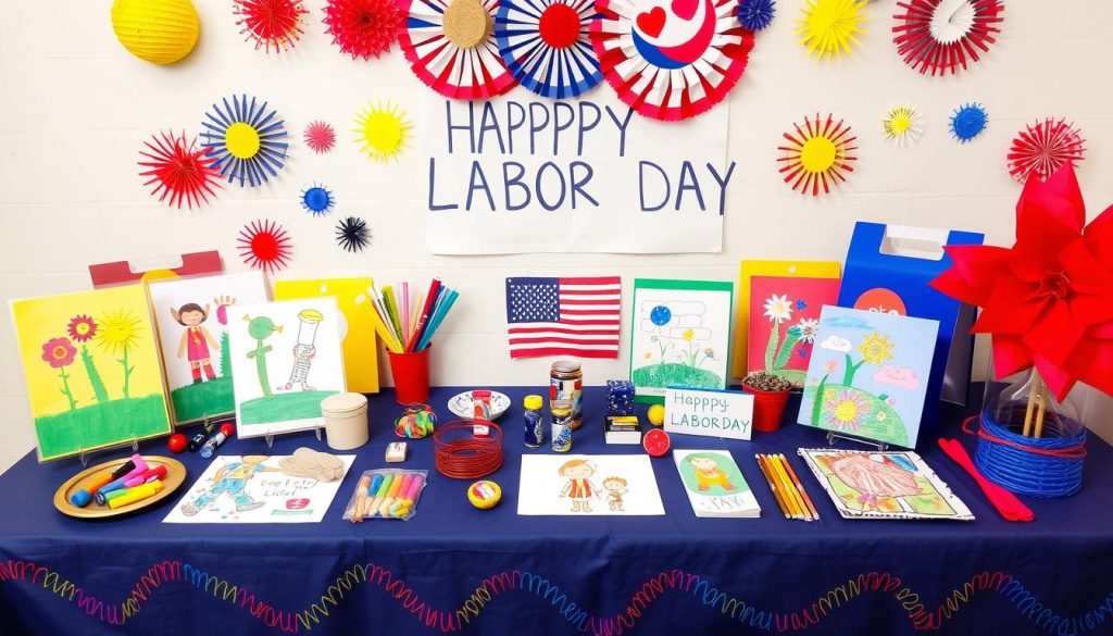 Child crafts on a table for labor day