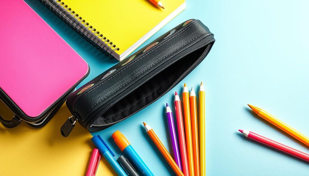 Fancy pencil case and other school supplies