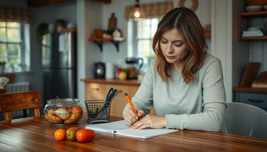Mom creating a shopping list on a table