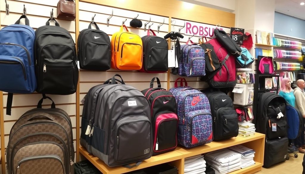 Quality school bag items displayed on a store.