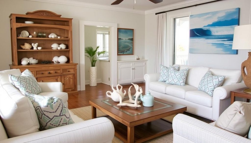 Seashell or Driftwood Accents for summer living room decor