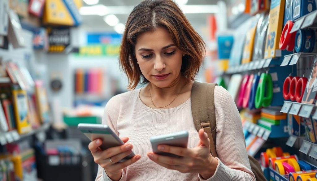 a 40's mom checking her phone, comparing school supply prices