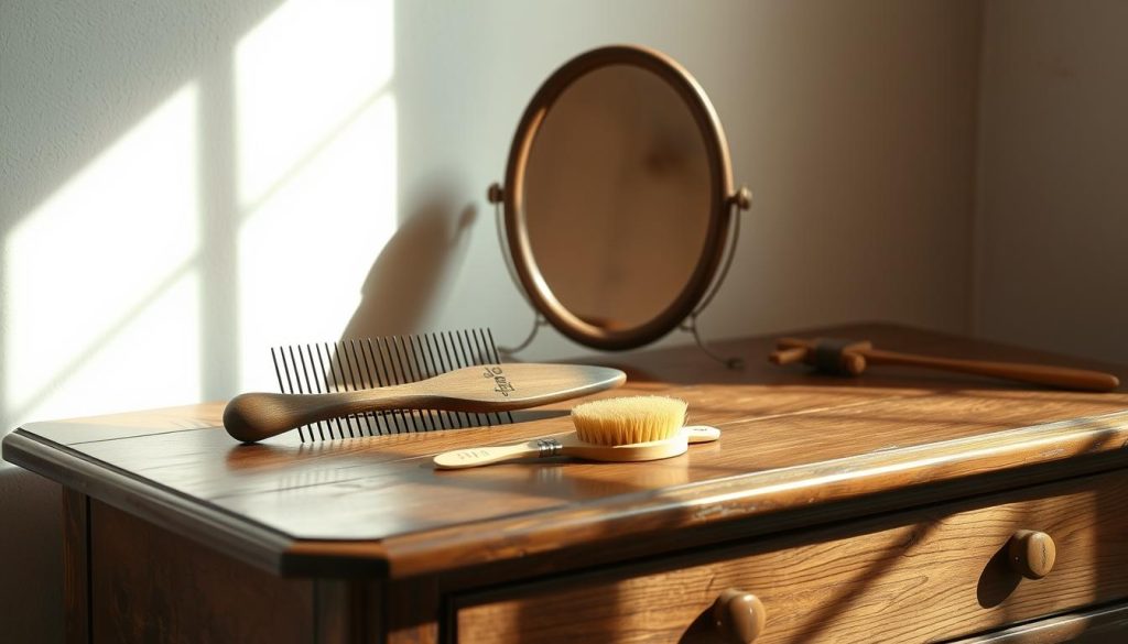 a comb and brush in a table with mirror
