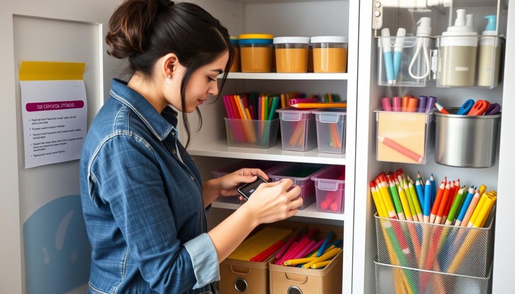 a mom organizing school supplies in kid's cabinet
