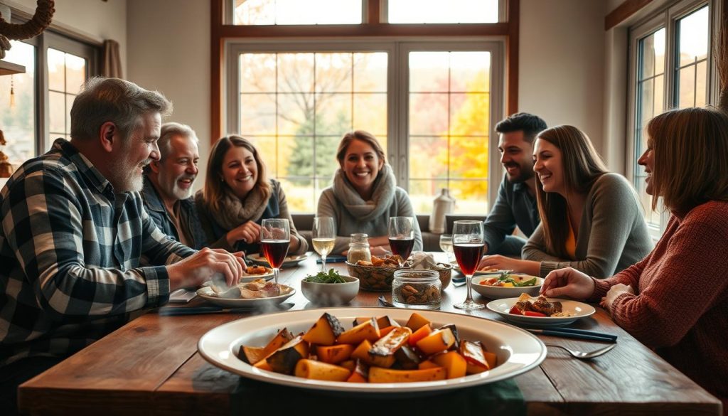family enjoying fall meal