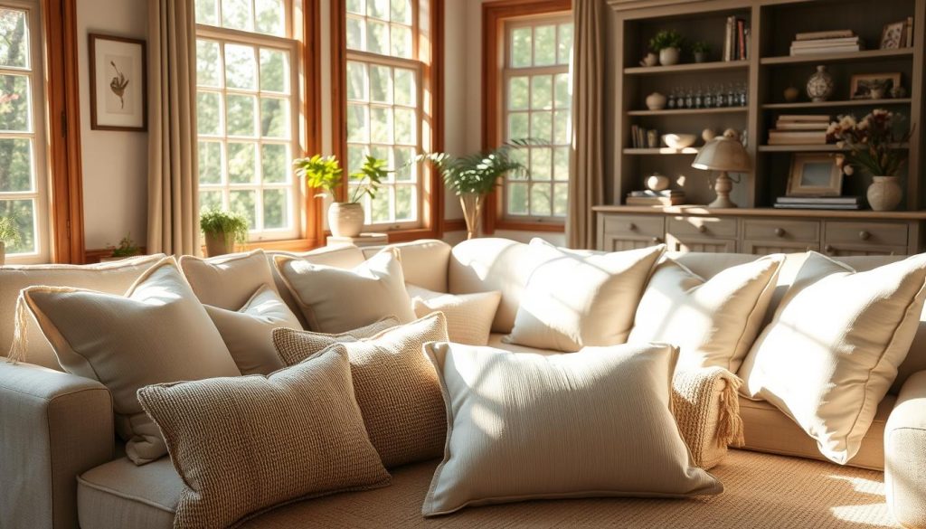 light throw pillows in living room during summer