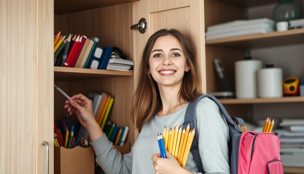 mid 20's mom looking for school supplies in a cabinet in their house