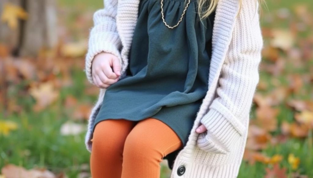 Long-Sleeve Dress with Tights and Cardigan for kids fall attire