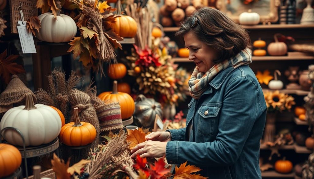 a mom buying decorations for fall